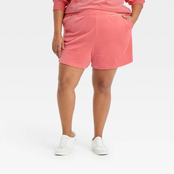 Ava & Viv Shorts Velvet 1X High Rise Pull On Lounge Stretch Waist Pockets‎ Coral - Picture 2 of 11